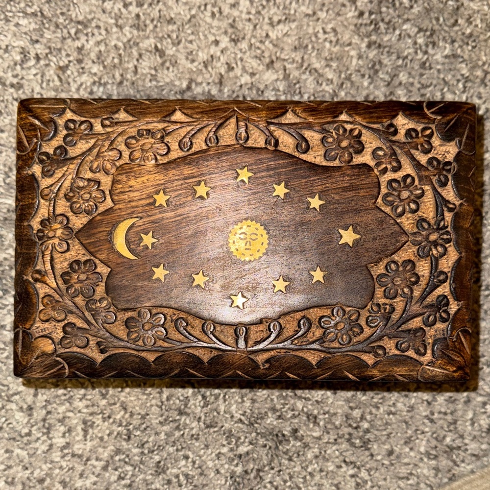 Carved Wooden Box with Celestial Design